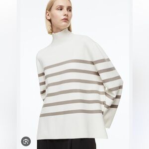 H&M White and Brown Striped Turtleneck Sweater